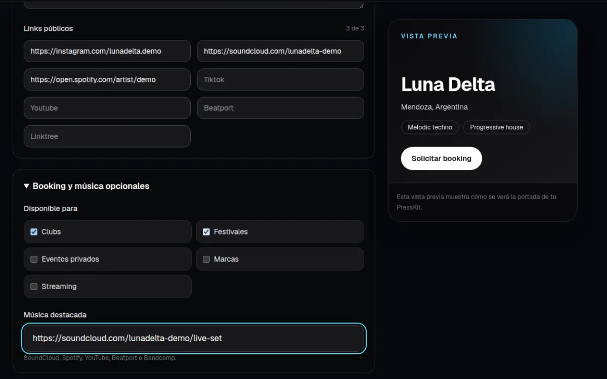 Campos gratuitos de música destacada y disponibilidad de booking en NeoTrax