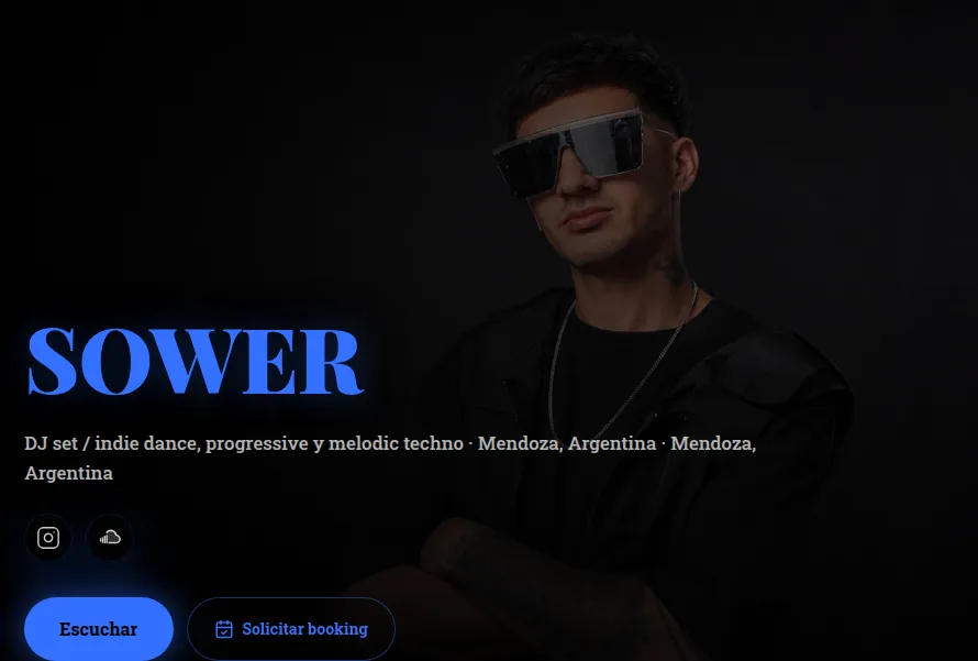 PressKit publico de artista con secciones de presentacion, musica y contacto