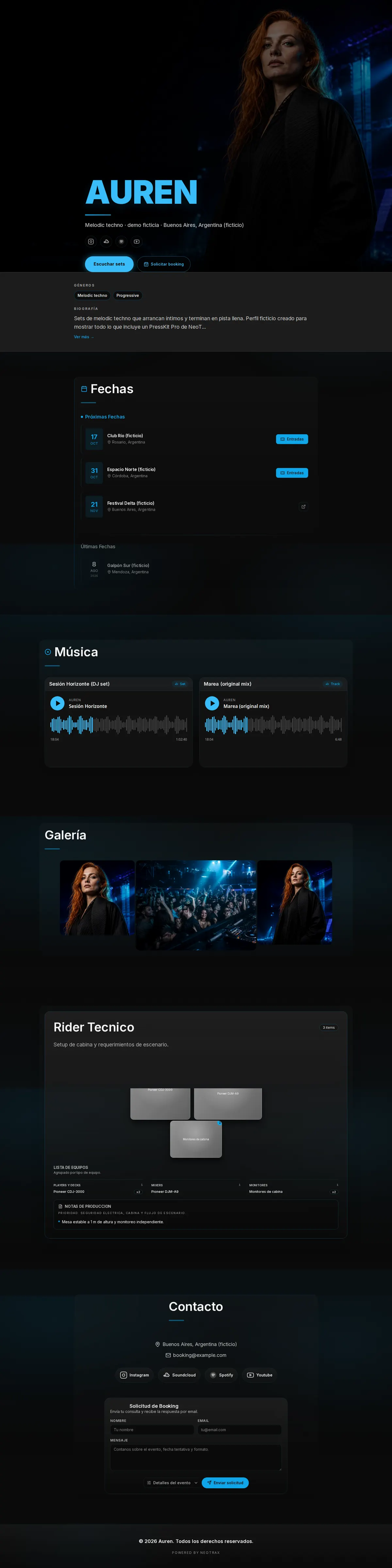 PressKit Pro de Auren, demo ficticia, página completa en escritorio