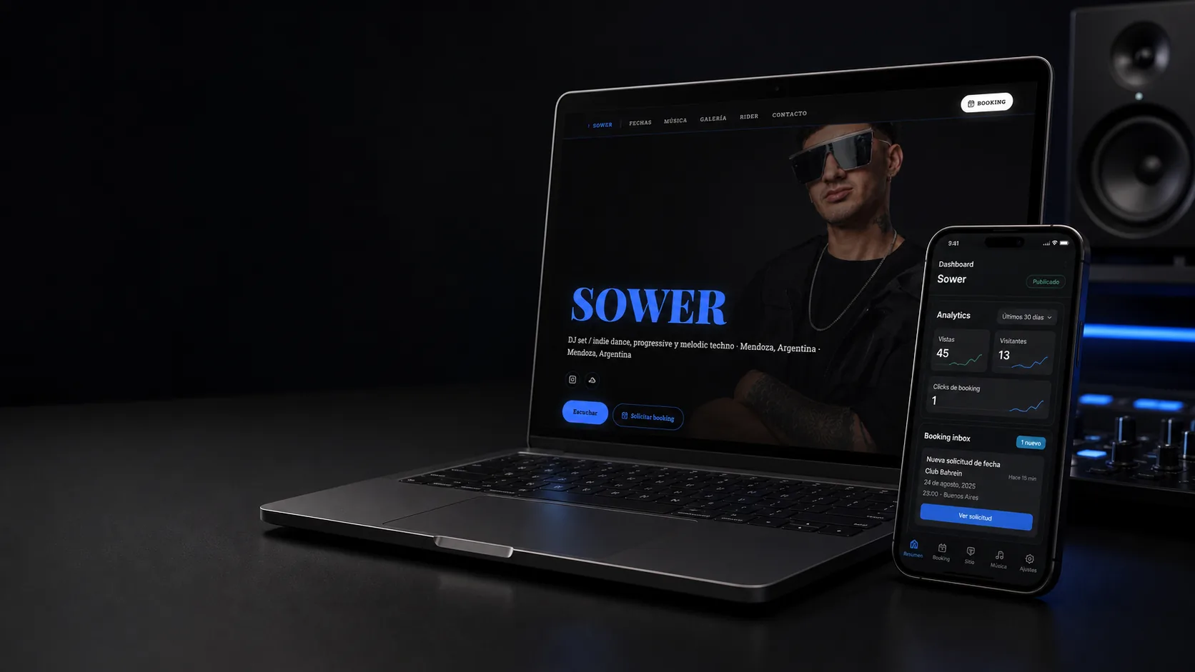 Ejemplo visual de un PressKit público de DJ con bio, música, fotos y analytics